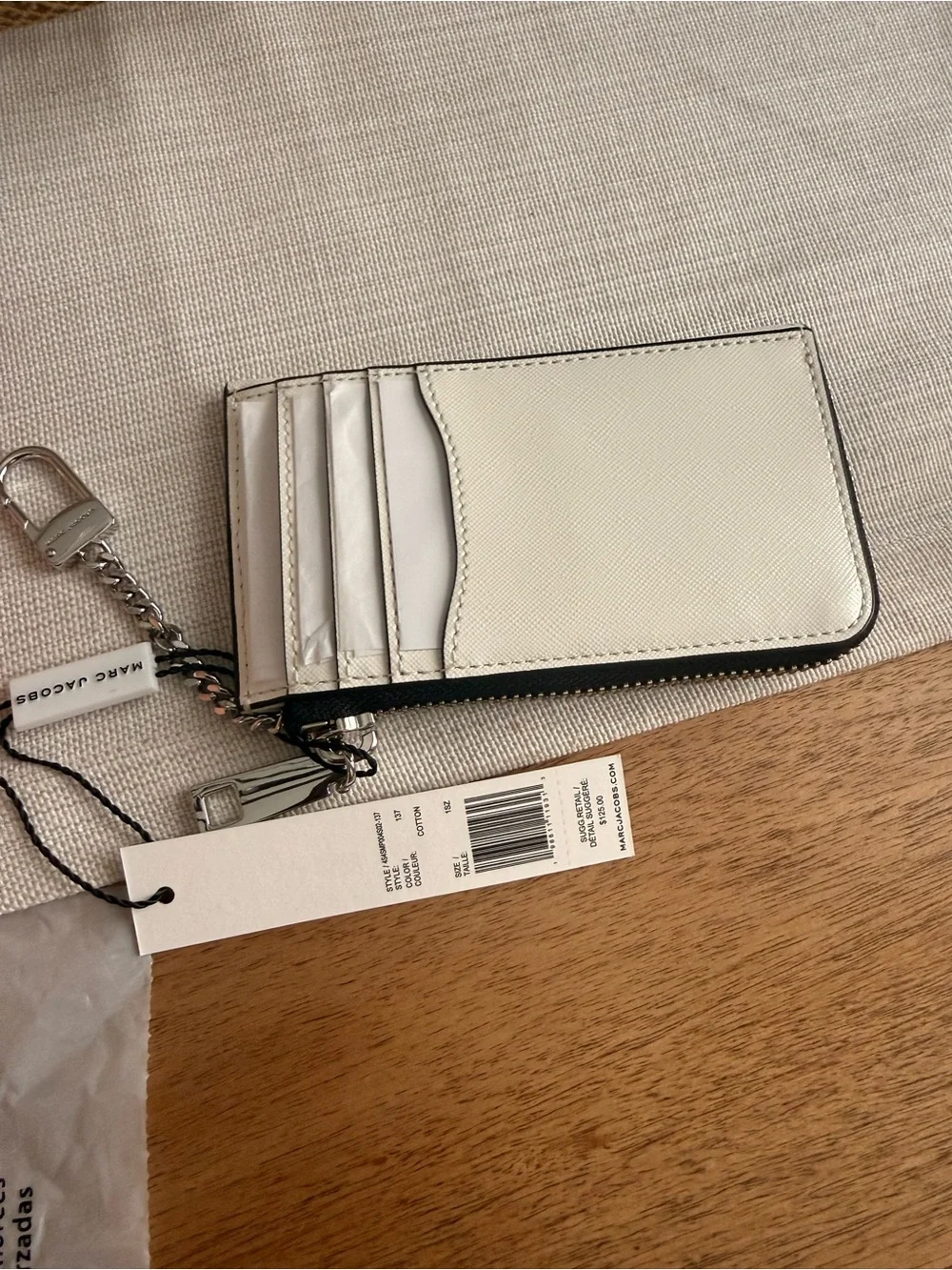 Marc Jacobs White Leather Zip Card Pouch with Silver Hardware